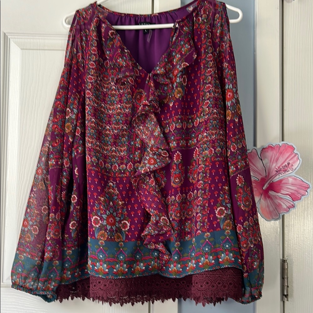 1. State Red and Purple Tie Front Ruffled Blouse